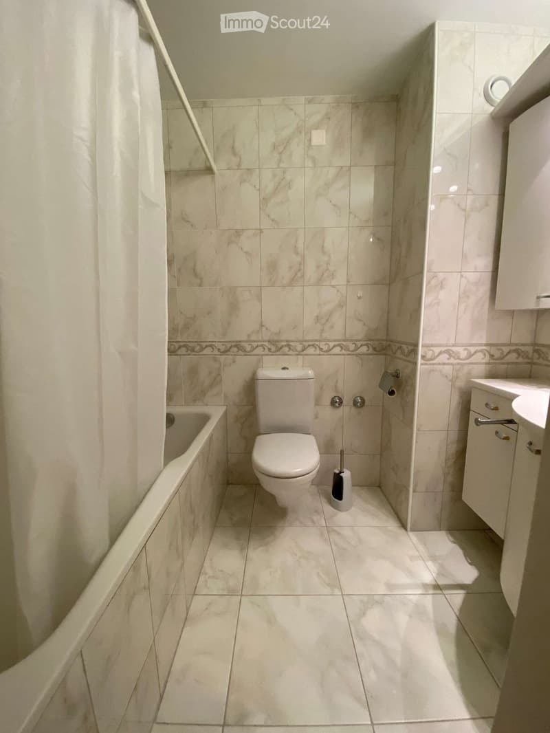 A small bathroom with marble tiles, a toilet, a bathtub, a sink with a cabinet, and a toilet brush holder.