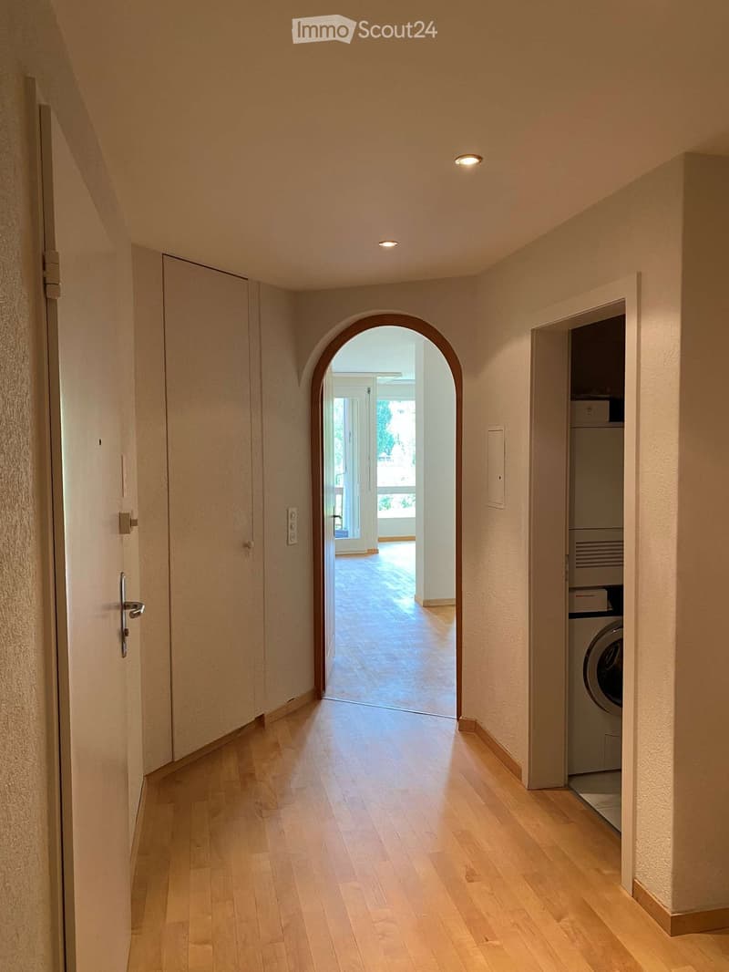 Bright hallway with wooden flooring, recessed lighting, and an arched doorway leading to another room. A washing machine is visible in an adjacent space.