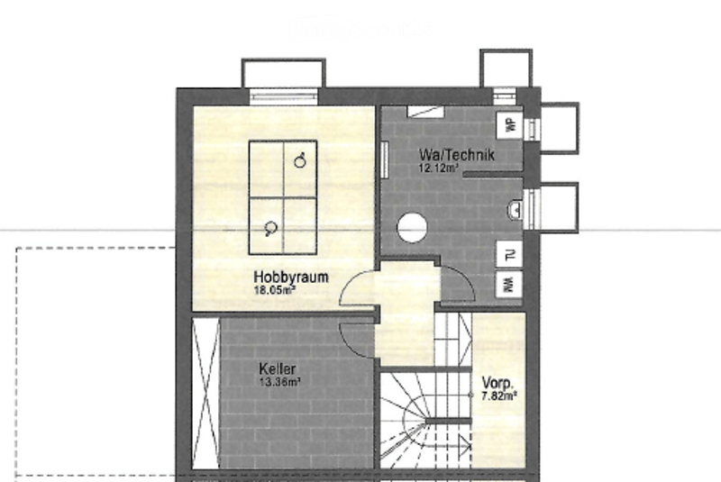 Floor plan of a multi-level building with a hobby room, cellar, washroom/technical room, and a separate area labeled 'Verp.'