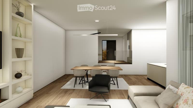 Modern living and dining area with a sofa, coffee table, dining table with chairs, shelves with decorative items, and a sleek pendant light.