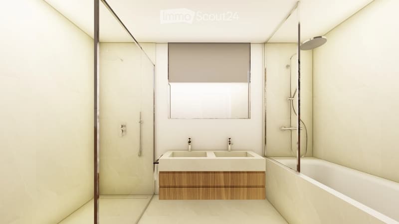 Modern bathroom with a bathtub, double sink, and a large mirror above it. The space features a glass-enclosed shower area with a modern showerhead.