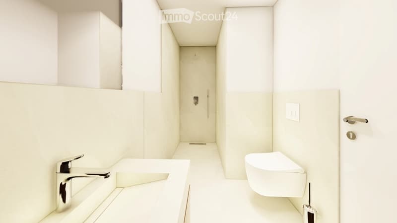 Modern, minimalist bathroom with white walls, a sleek sink with a chrome faucet, a wall-mounted toilet, and a clean, uncluttered design.