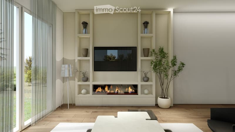 Modern living room with a built-in fireplace, large window, sleek furniture, and decorative vases.