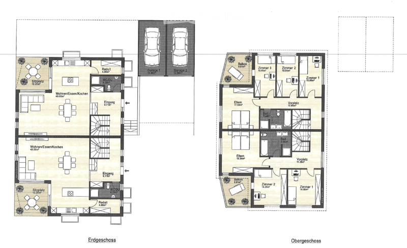 Floor plan showing two levels: ground floor with living/dining/kitchen area, sitting area, two bathrooms, and two garages; upper floor with three bedrooms, bathroom, hallway, and balcony.