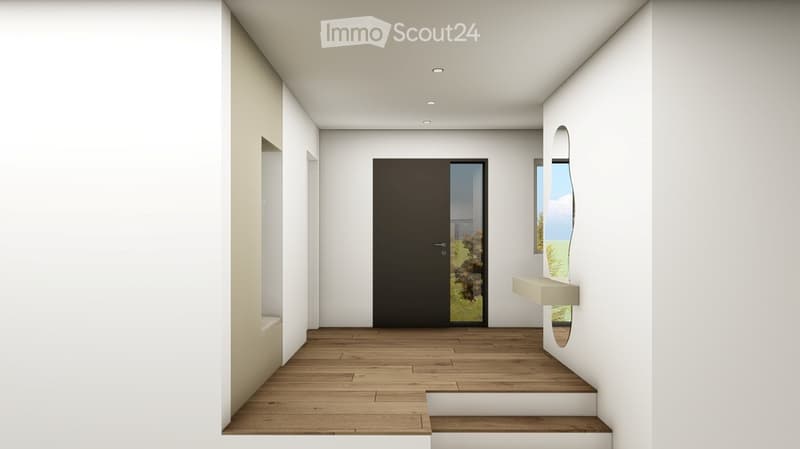 Modern, minimalist hallway with wooden flooring, white walls, and recessed lighting. Features a large, dark door with a glass panel, a small bench, and a decorative mirror on the wall.