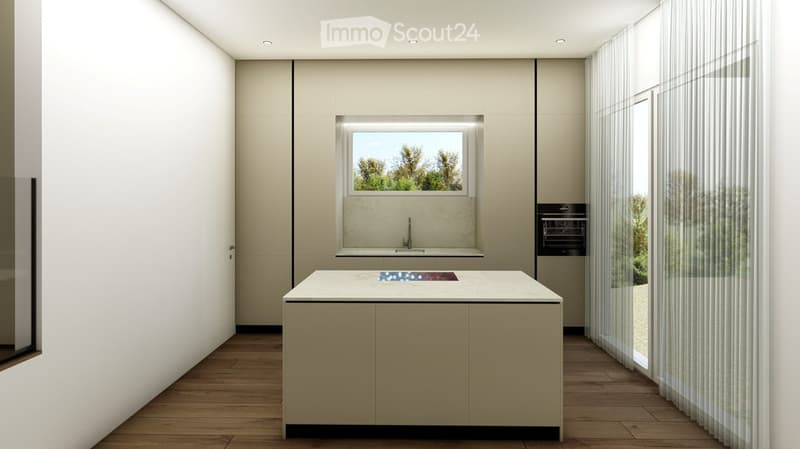 Modern kitchen with a central island, built-in sink, and oven, featuring light-colored cabinetry and wooden flooring.