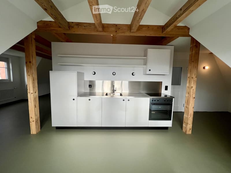 Modern, compact kitchen with white cabinets, stainless steel sink, oven, and built-in storage, set in a room with exposed wooden beams and green flooring.
