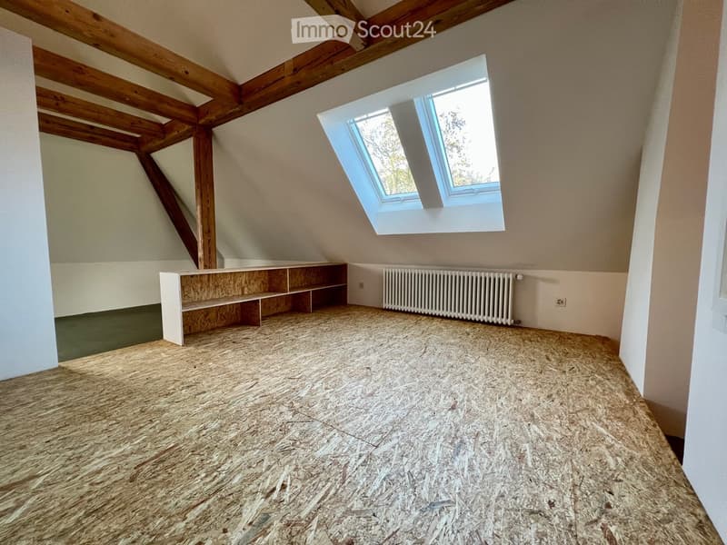 Empty attic room with wooden beams, skylight window, wooden floor, radiator, and built-in shelf unit.