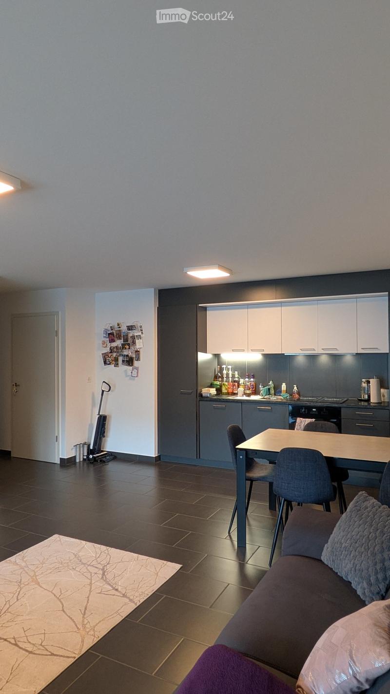 Modern, open-plan living and dining area with a sofa, dining table, chairs, and a kitchen area with cabinets, counter, and appliances.