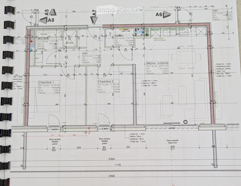 Floor plan showing a layout with labeled rooms including a hall, two bedrooms, a kitchen, and a bathroom, with measurements and technical details.