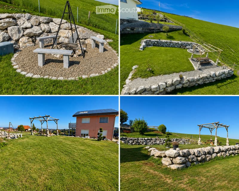 Four images showcasing a serene garden and outdoor area with stone walls, benches, a fire pit, a wooden pergola, a small red house with solar panels, and a grassy lawn.