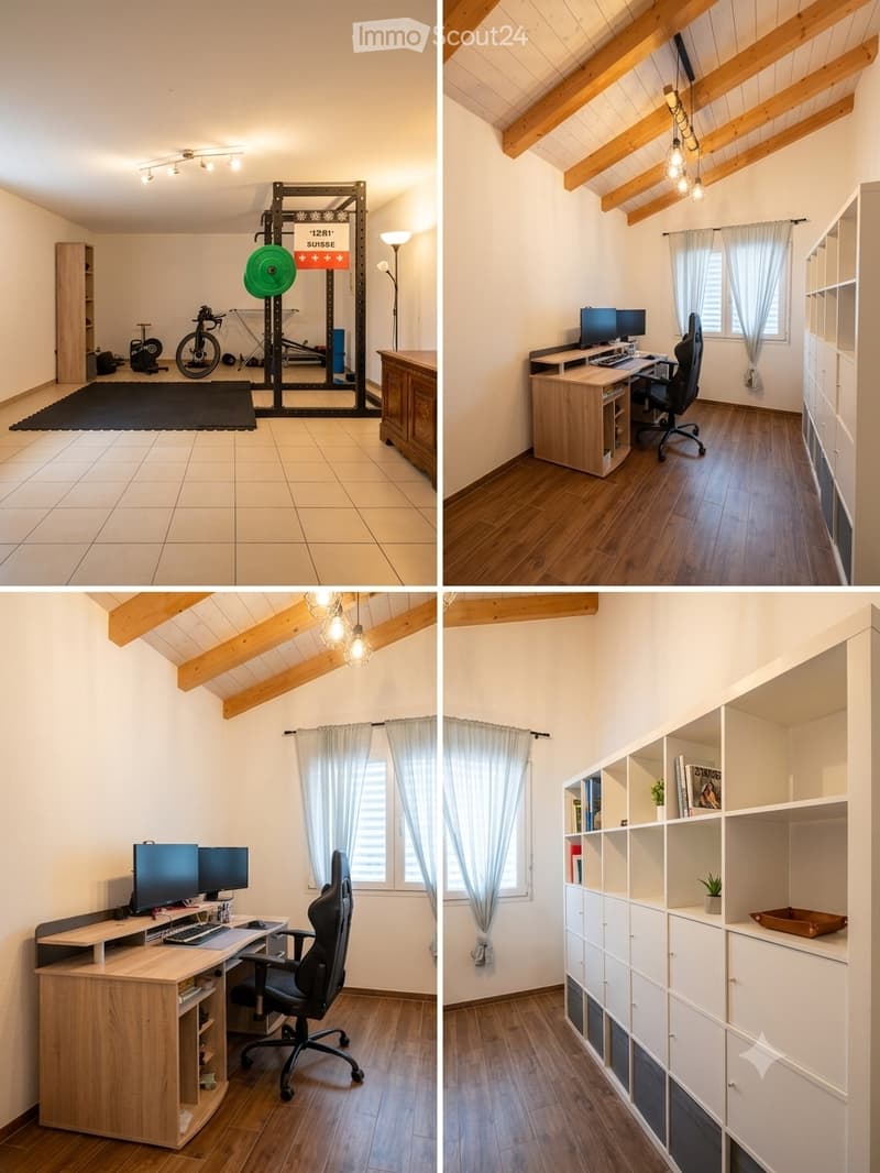 Four images show a multi-functional room with a wooden floor, exposed wooden beams, and large windows. The room features a desk with a computer and chair, a shelf with books and a plant, and gym equipment including a weight rack and bicycle. The room is w
