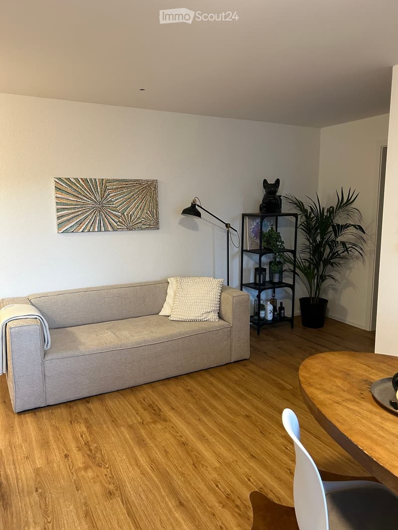 Modern living room with light wooden flooring, a grey sofa with white cushions, a round wooden coffee table, a black shelving unit with plants and bottles, a floor lamp, and a decorative wall art piece.