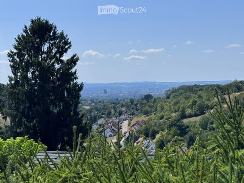 Panoramic view of a cityscape with houses, trees, and distant mountains under a clear blue sky.