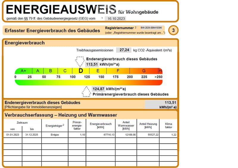 Energy consumption certificate for residential buildings, showing energy consumption data and classifications.