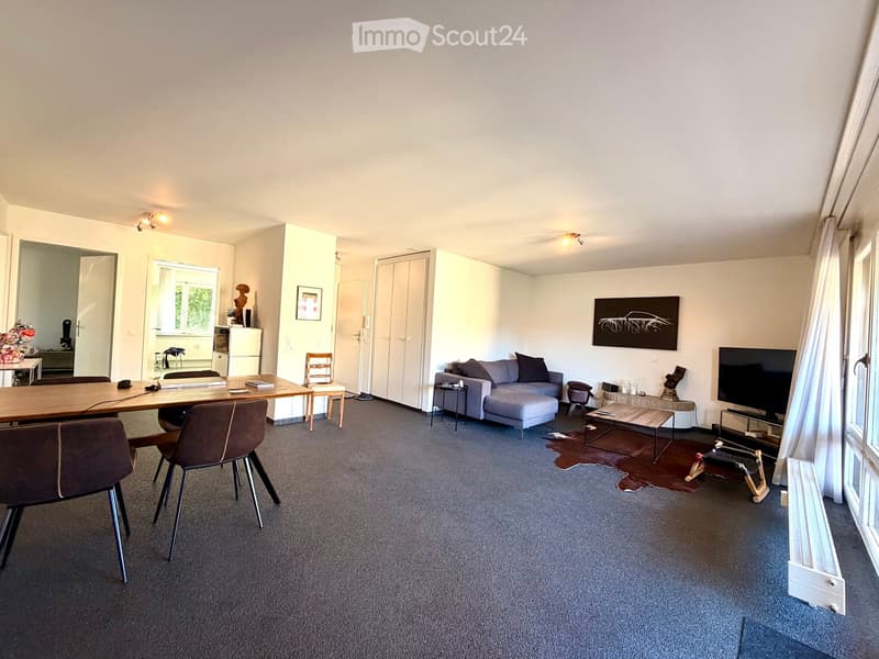 A modern living room with a grey sofa, wooden dining table, chairs, TV screen, and decorative items.