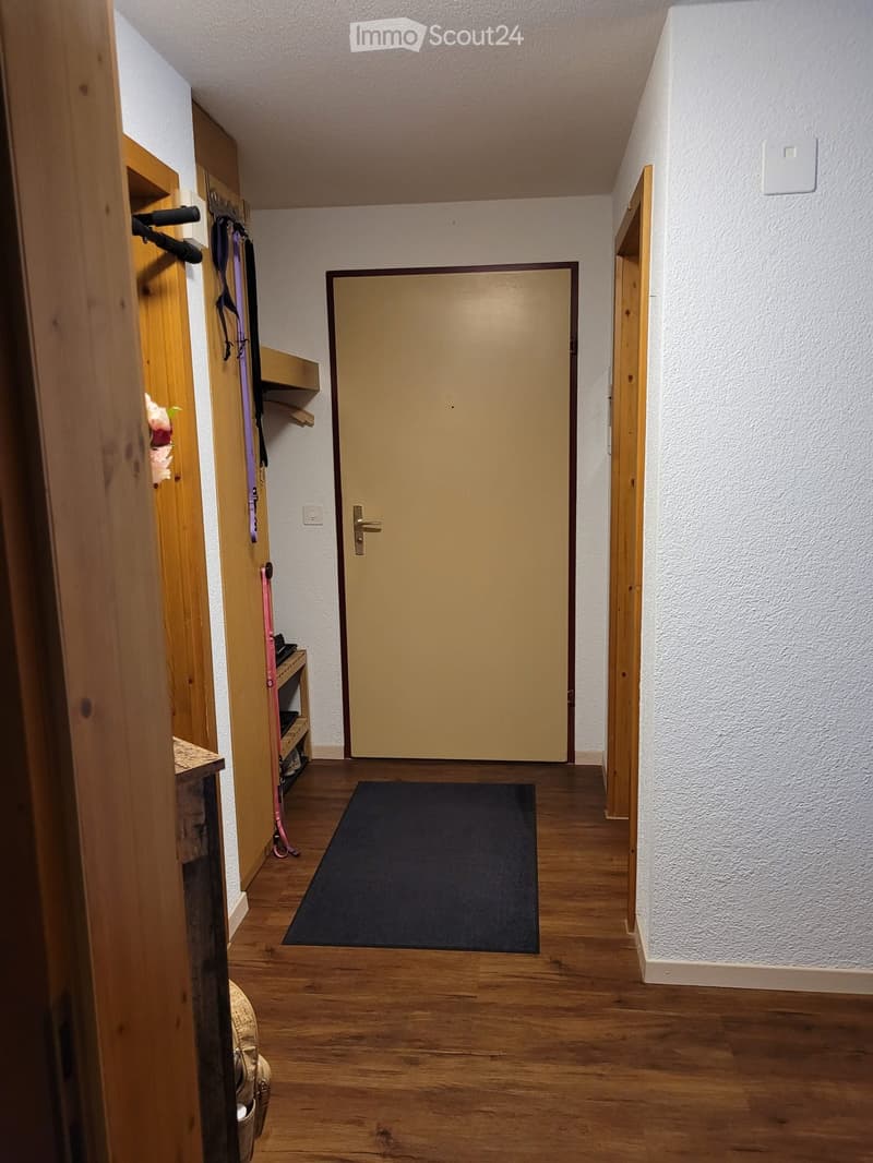 A narrow hallway with wooden flooring, white walls, and a closed door at the end. A small black rug is placed on the floor, and a wooden shelf with various items is visible on the left side.