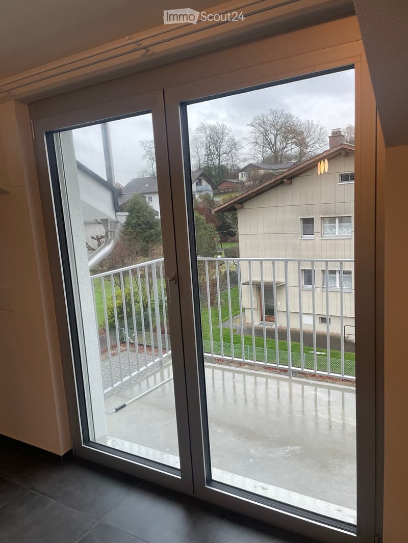 View from inside a room through a large sliding glass door onto a wet balcony with a metal railing, overlooking a residential area with houses, trees, and a lawn.