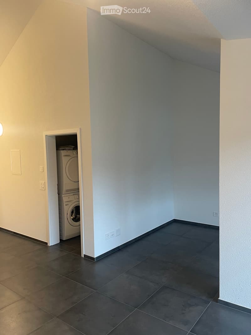 Empty hallway with dark tiled floor, light-colored walls, and a small closet containing a washing machine and dryer.