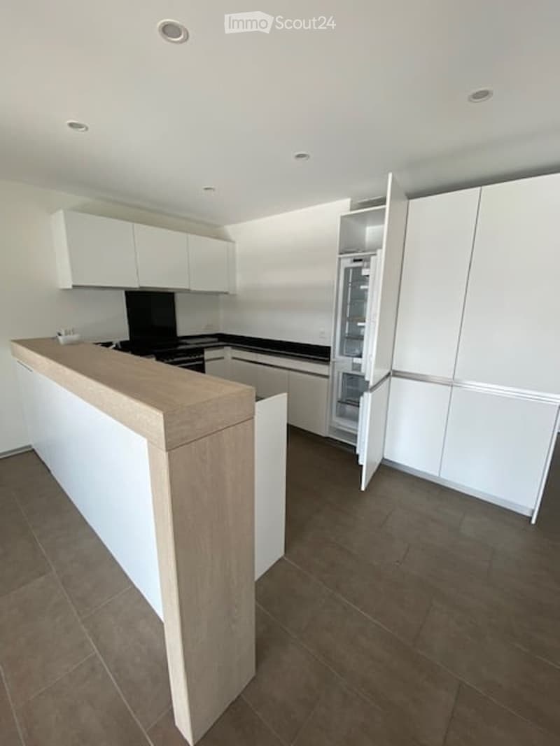 Modern kitchen with white cabinets, a wooden countertop, and a built-in refrigerator. The space features sleek, contemporary design with dark countertops and a clean, minimalist aesthetic.