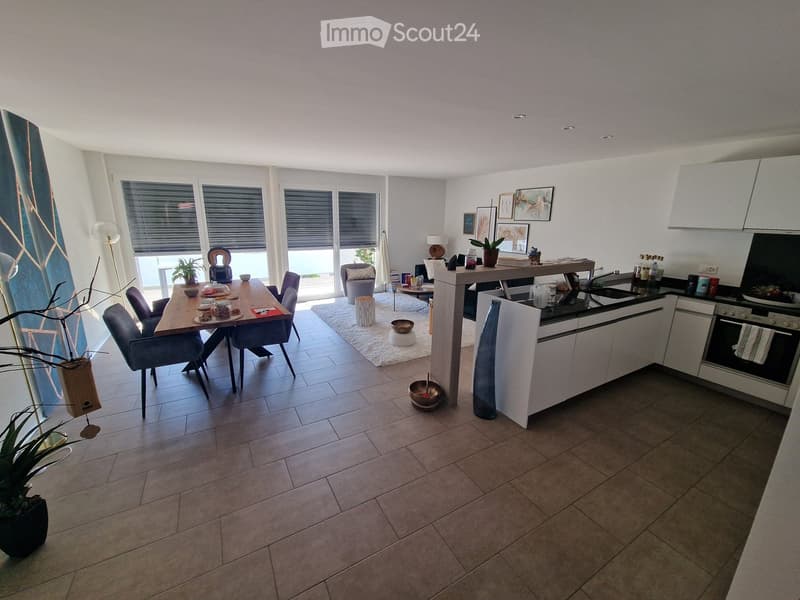 Open-plan kitchen and dining area with modern white cabinets, a central island, a dining table with chairs, and various decorative items including plants and artwork.