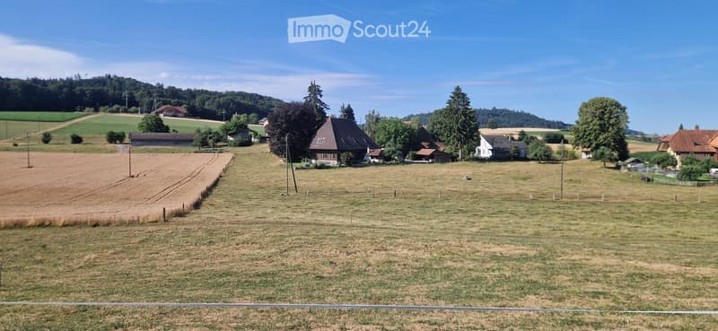 Rural landscape with scattered houses, fields, and trees under a clear blue sky.