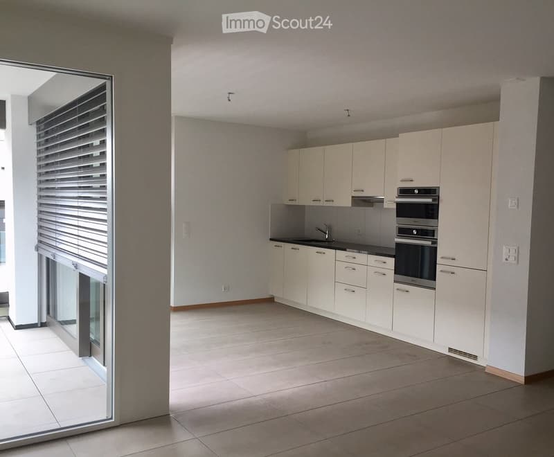 Modern kitchen with white cabinets, stainless steel appliances, and a black countertop.