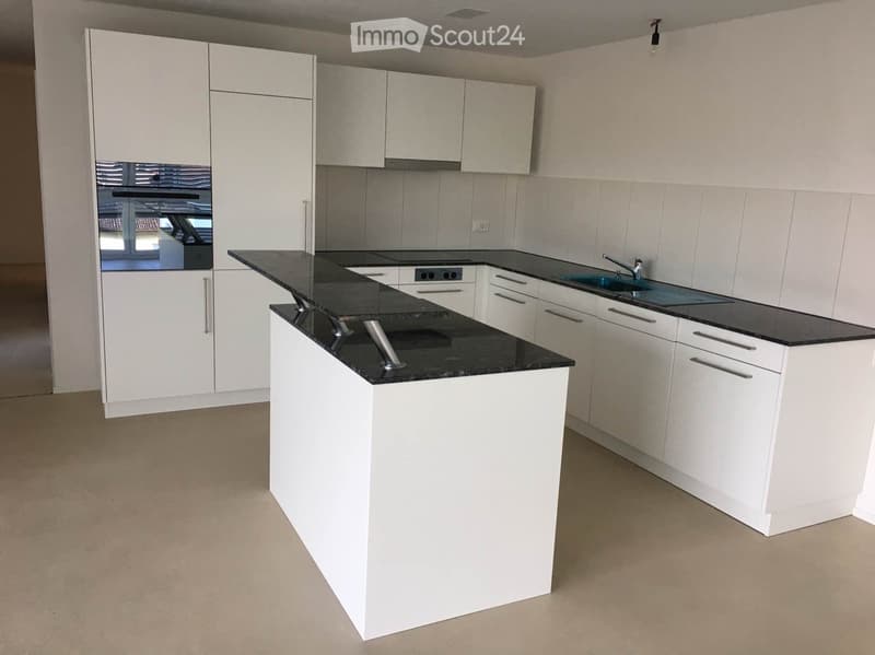Modern kitchen with white cabinets, black countertop, and stainless steel sink.