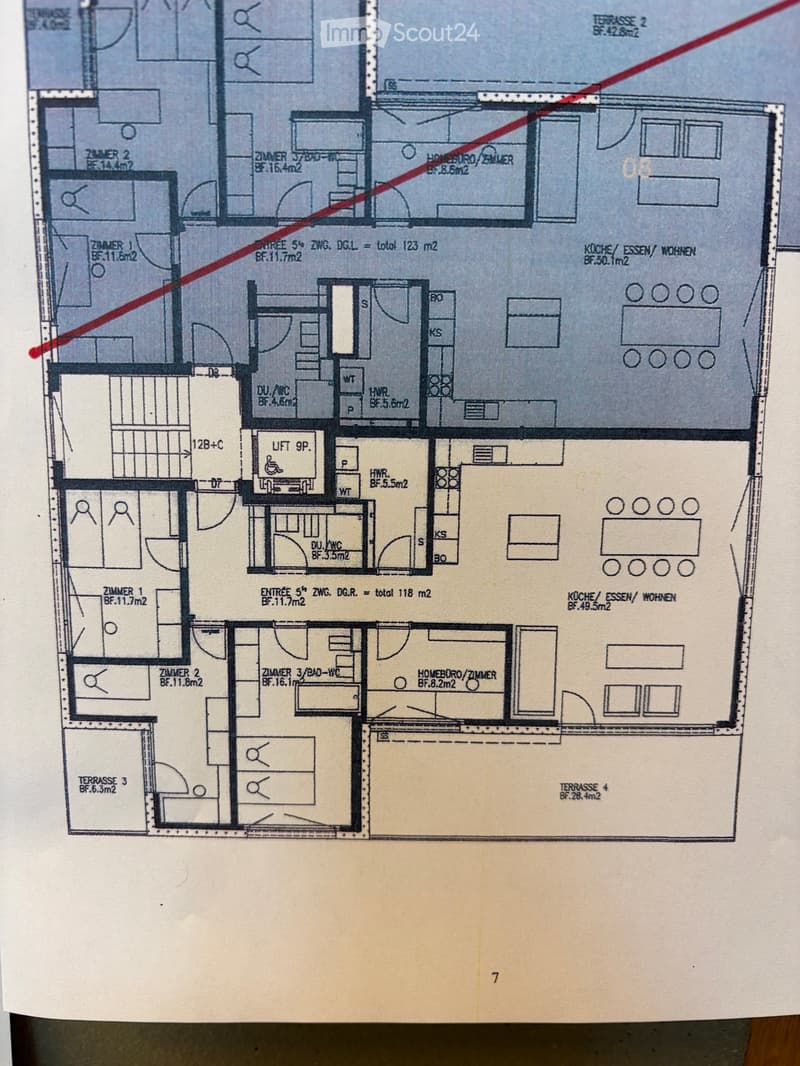 Floor plan of a 5th floor apartment with 118 m² total area, including entrance, living/dining area, kitchen, bedrooms, bathrooms, and terraces.