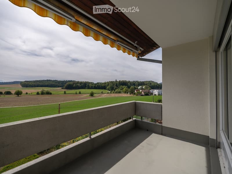 Balcony with a wooden awning, overlooking a green field and distant trees.