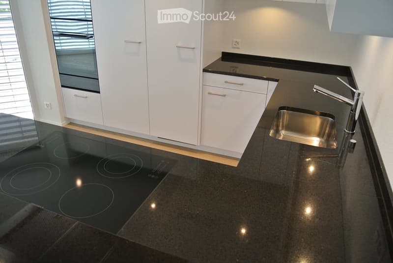 Modern kitchen with white cabinets, black countertops, induction cooktop, and stainless steel sink.