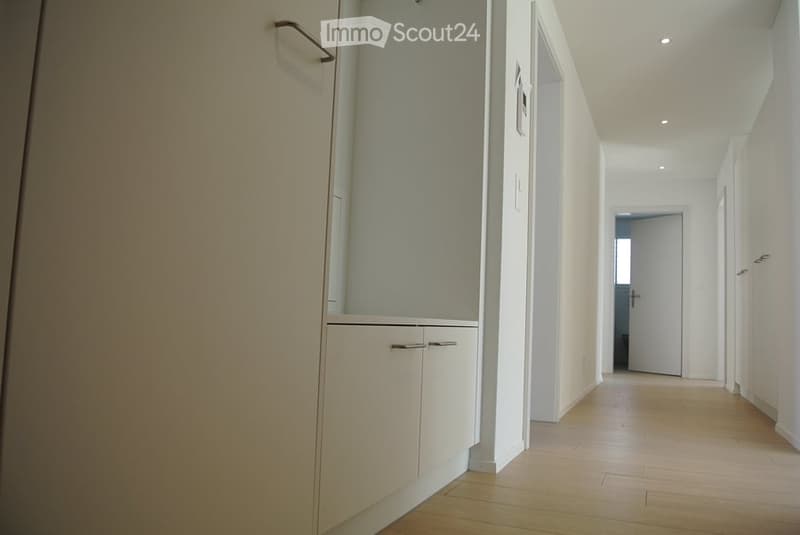 Empty hallway with light-colored walls, wooden flooring, and built-in storage cabinets on one side.