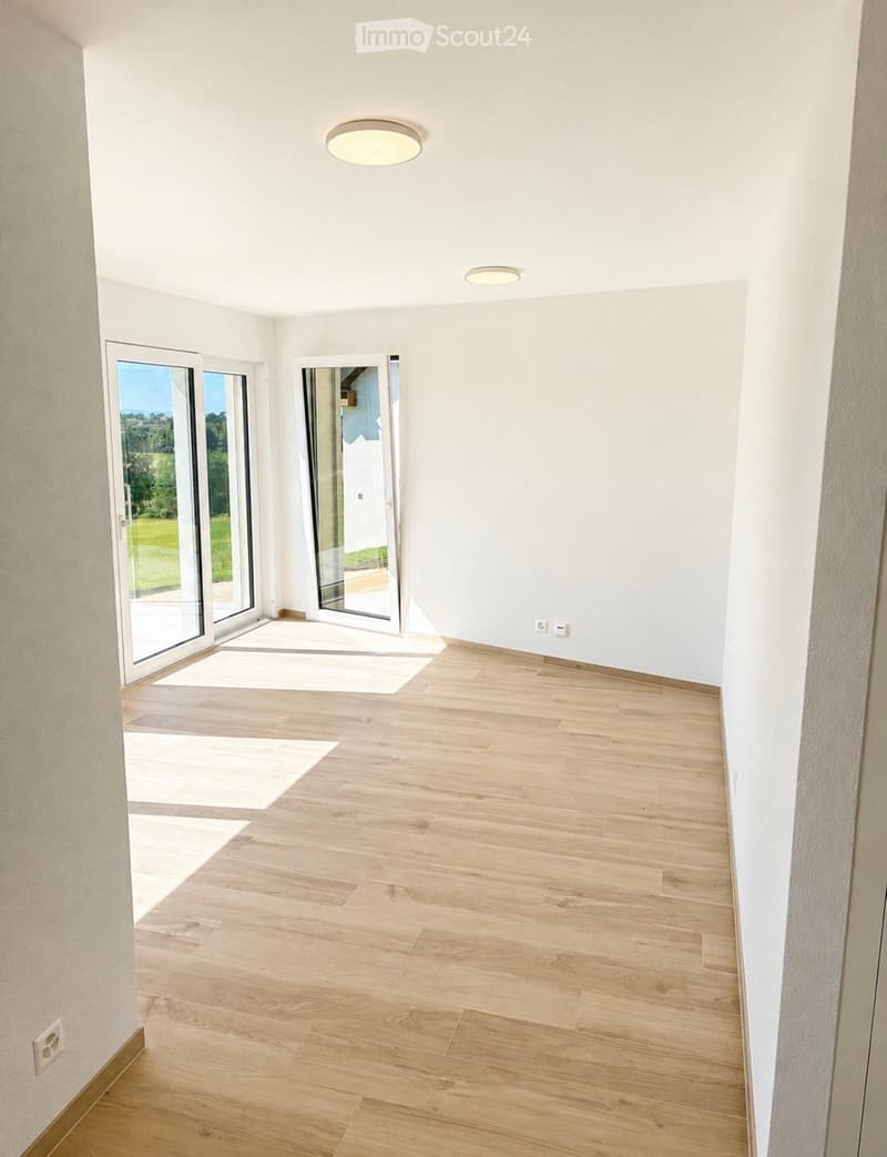 Empty room with light wooden flooring, white walls, and large glass doors leading to an outdoor area.