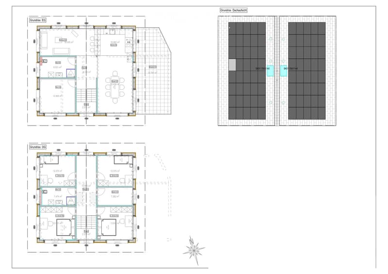 Floor plan showing ground floor, first floor, and roof floor layouts with labeled rooms and dimensions.