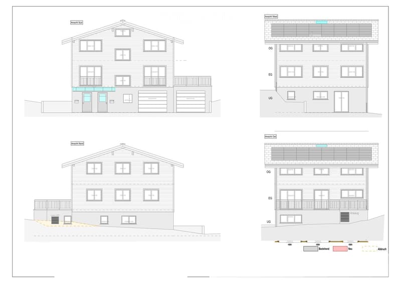 Architectural floor plan showing multiple views of a multi-story building with labeled rooms, windows, and structural details.