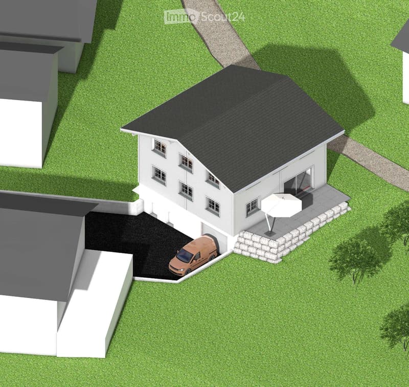 3D model of a two-story house with a garage, patio, and umbrella. The house has white walls, multiple windows, and a dark roof. A van is parked in the garage, and the surrounding area includes a lawn and a stone patio.