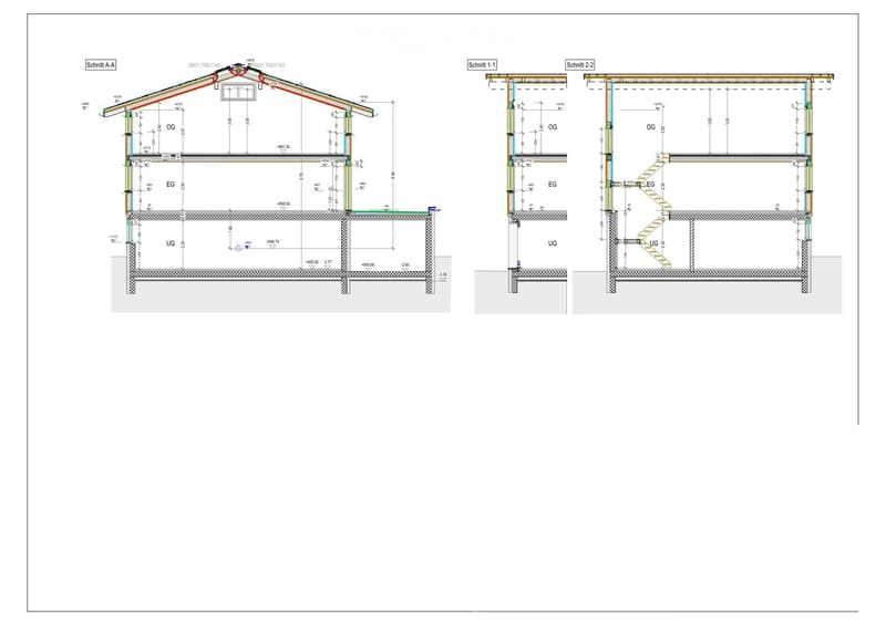 Architectural floor plan showing cross-sections and elevations of a building with labeled levels (OG, EG, UG) and dimensions.