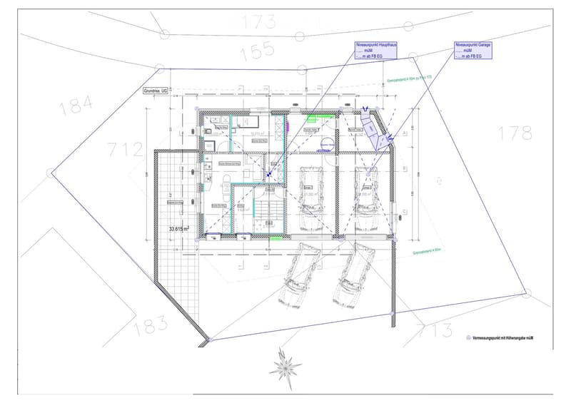 Floor plan showing a multi-level building with a basement, ground floor, and garage. Includes labeled rooms, dimensions, and parking spaces.
