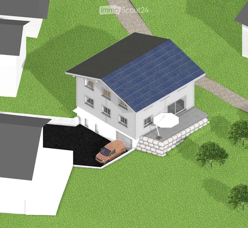 Single-story house with solar panels on the roof, garage, and patio with an umbrella.