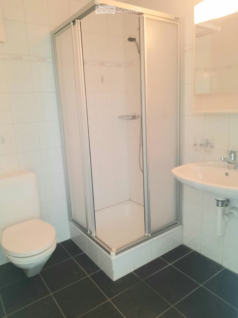 Modern bathroom with white tiles, black floor tiles, a glass-enclosed shower, a toilet, and a sink with a mirror above it.