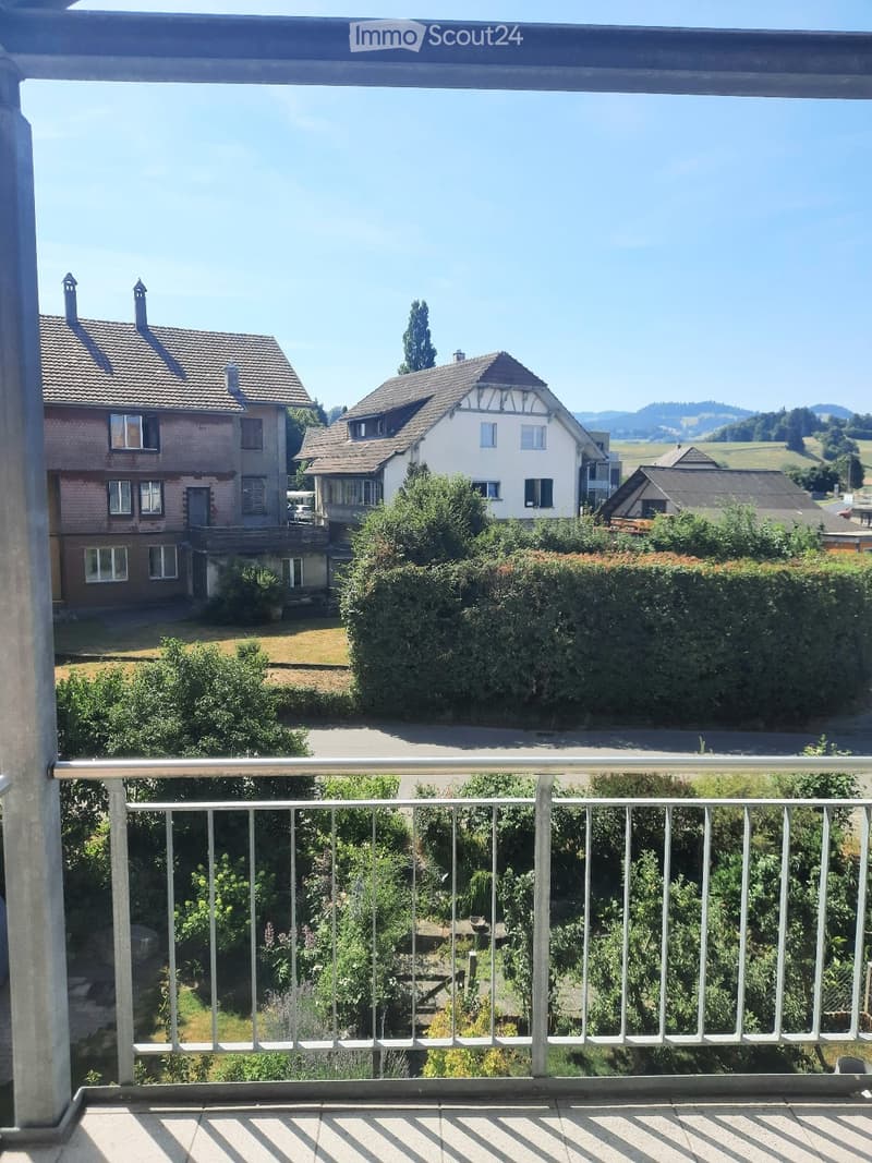 Balcony with metal railing overlooking a residential area with houses, greenery, and distant hills.
