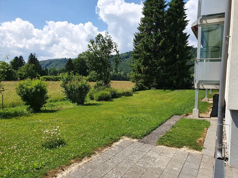 Well-maintained garden with a paved pathway leading to a grassy area, surrounded by trees and shrubs, with a modern house visible on the right side.