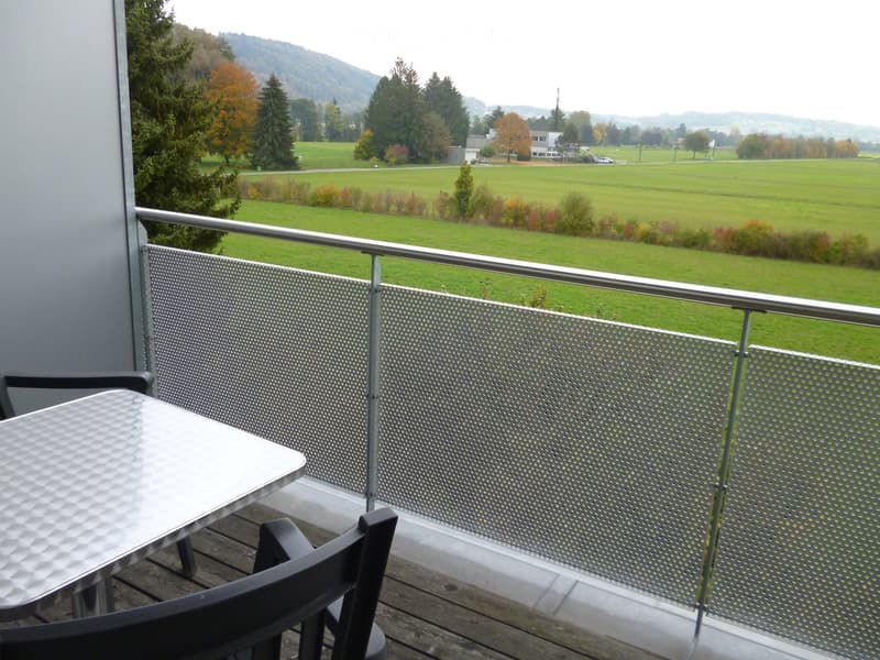 Balcony with a metal railing, wooden decking, and a view of a green field and trees.