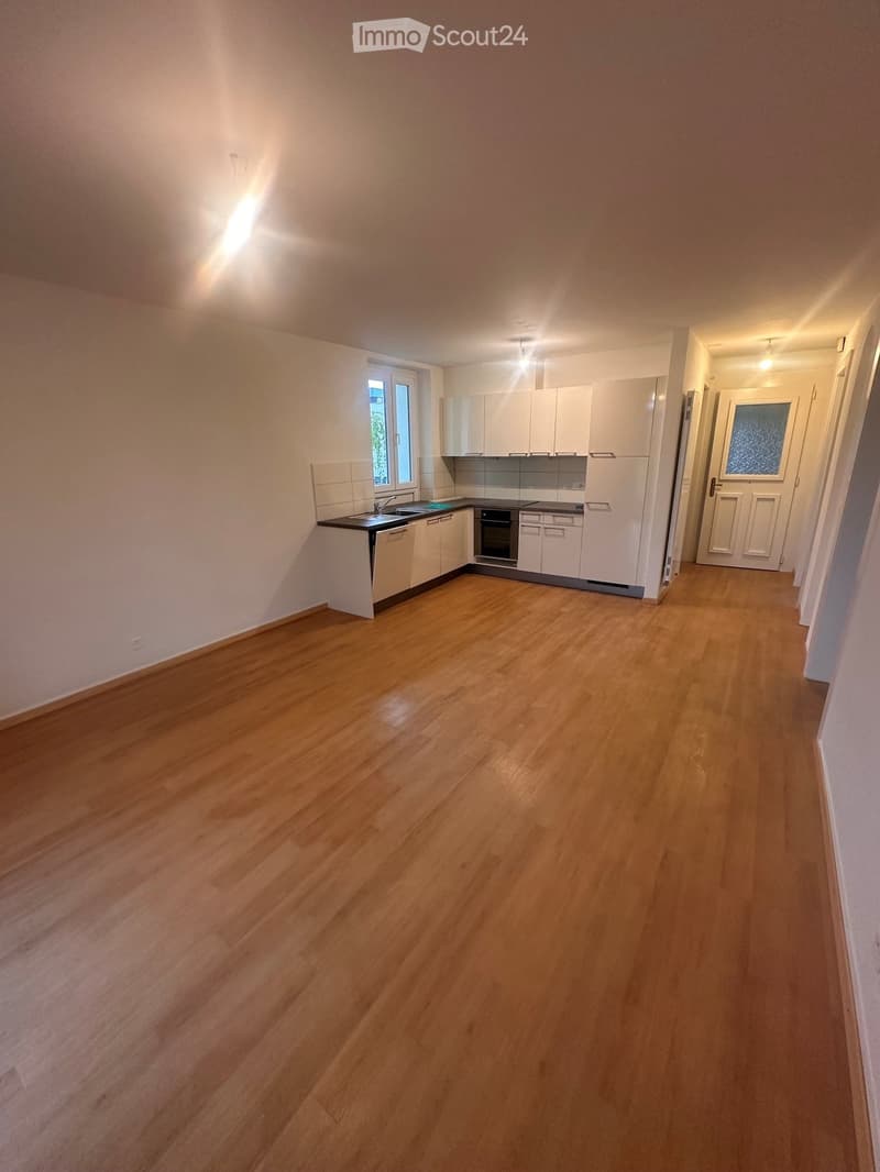 Empty kitchen with wooden flooring, white cabinets, and a sink, connected to a hallway with white walls and doors.