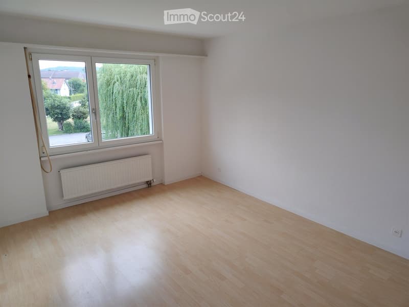 Empty room with light wooden flooring, white walls, and a large window with a view of greenery outside. A radiator is visible below the window.