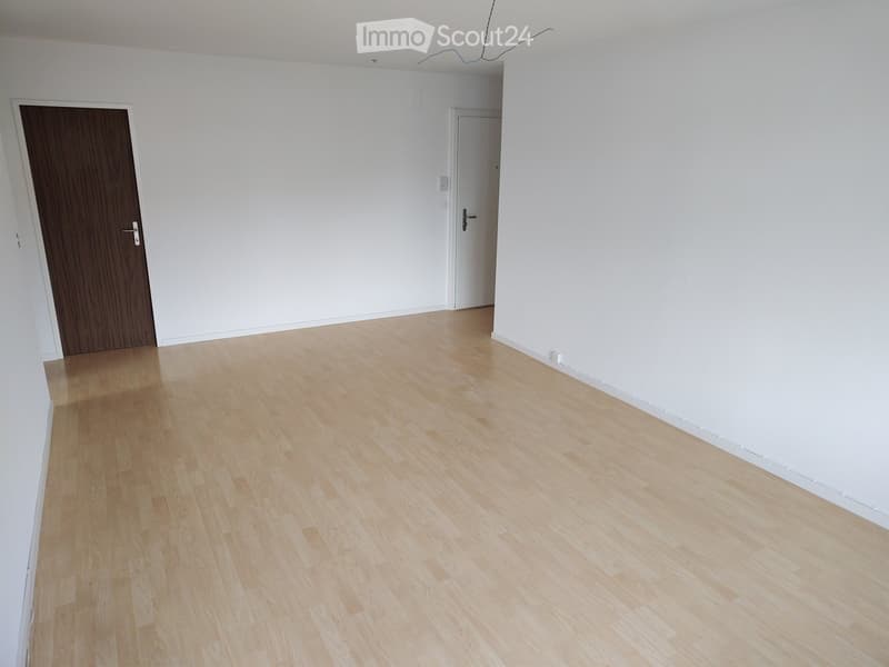 Empty room with light wooden flooring and white walls, featuring two doors.