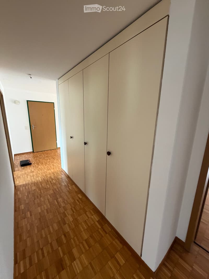 A narrow hallway with wooden flooring, white walls, built-in white closet units, and a single door leading to another room.