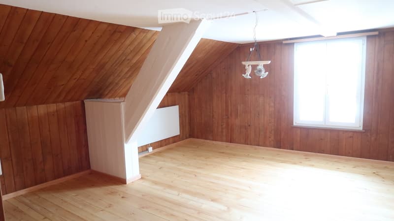 Empty attic room with wooden walls and floor, skylight window, and a hanging light fixture.