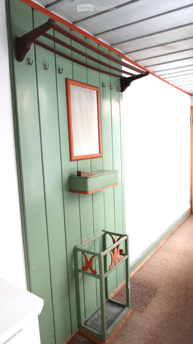Green-painted hallway with wooden coat rack, small shelf, and mirror. Natural light from the right side.