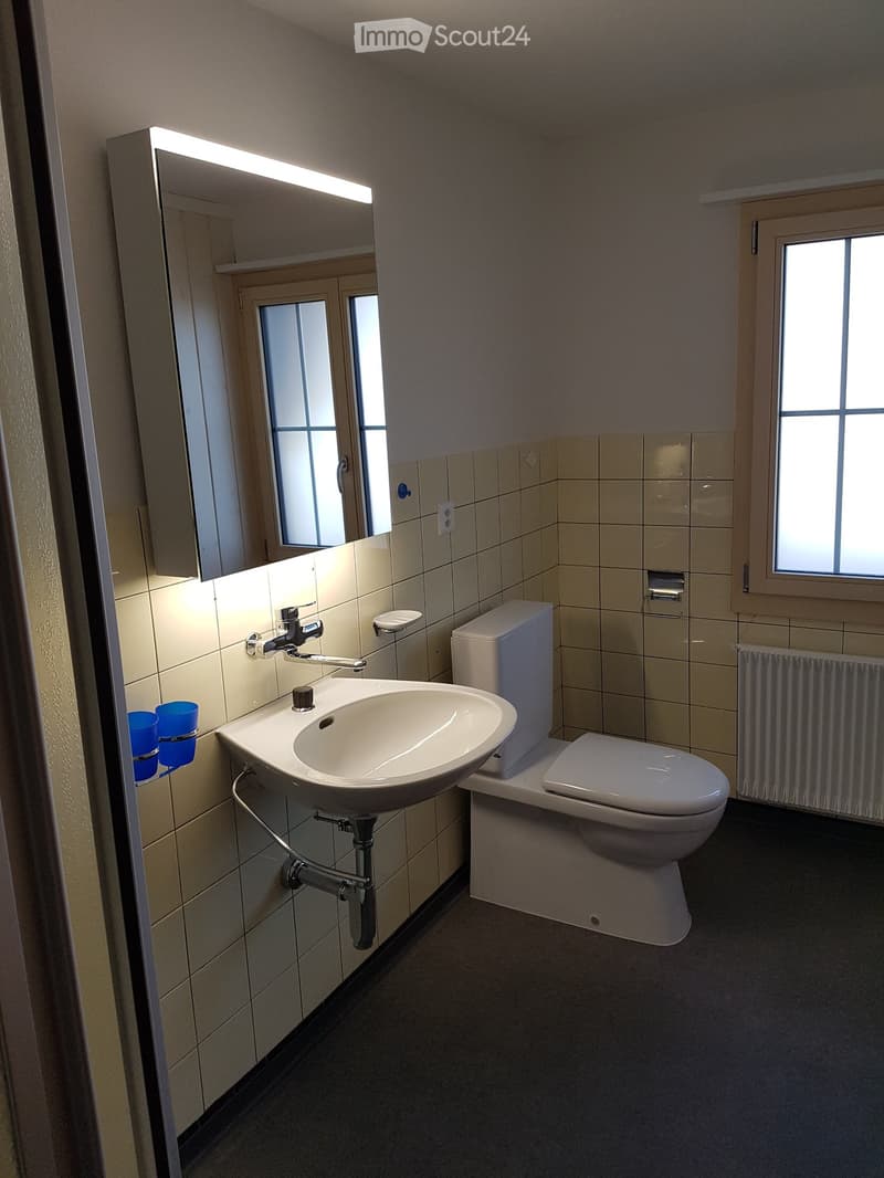 Modern bathroom with a white sink, toilet, mirror with built-in lighting, and a radiator. The walls are tiled in beige, and there is a window providing natural light.